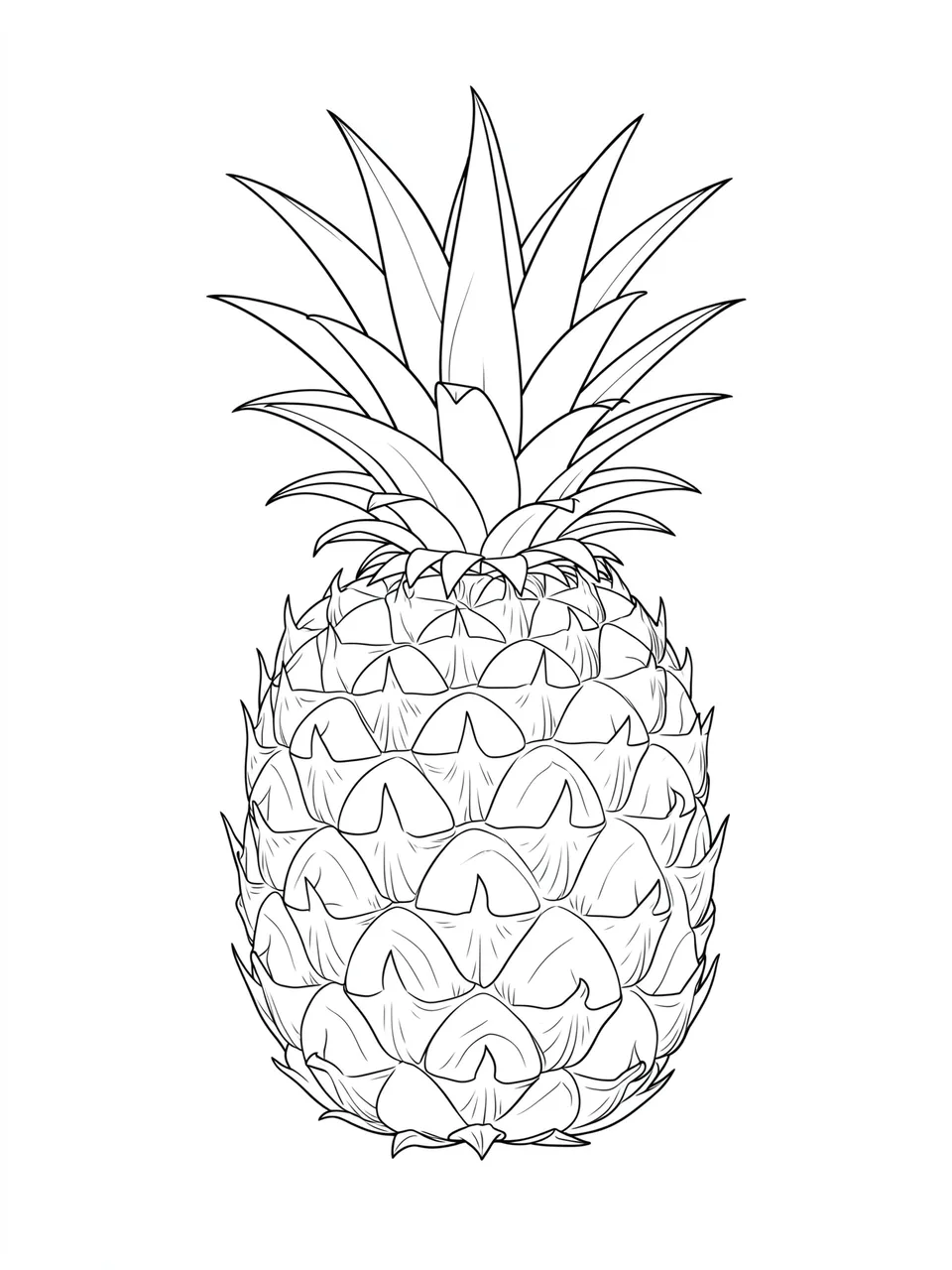 Minimal delicate line drawing of a whole pineapple with spiky top leaves on a plain white background