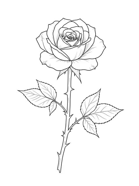 A delicate single-weight line drawing of a long-stemmed rose with thorns and leaves on a plain white background
