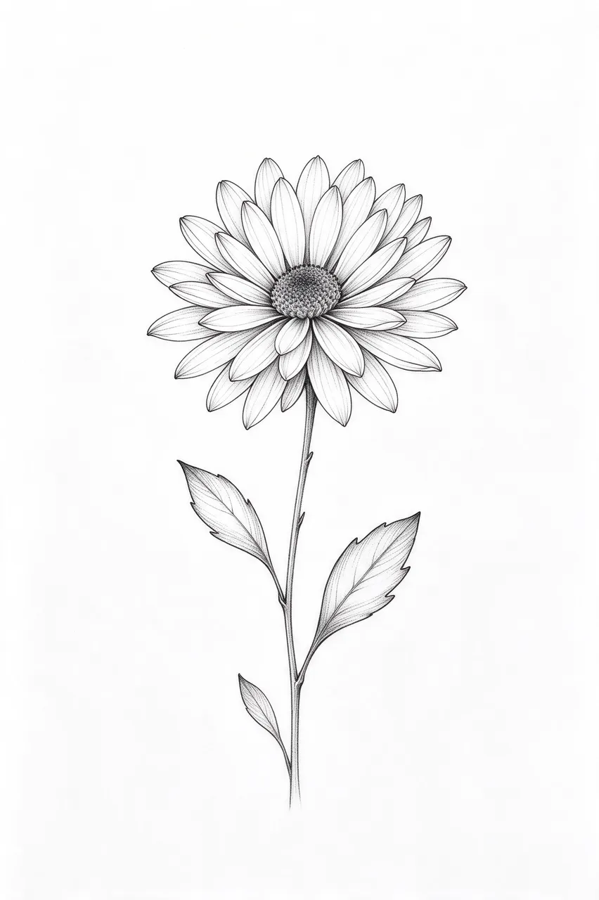 Monochrome fine line drawing of an aster flower with stippled center, petals, and leafy stem on plain white background