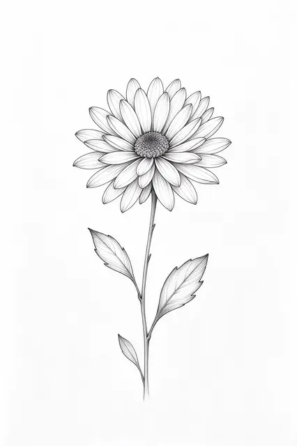 Monochrome fine line drawing of an aster flower with stippled center, petals, and leafy stem on plain white background