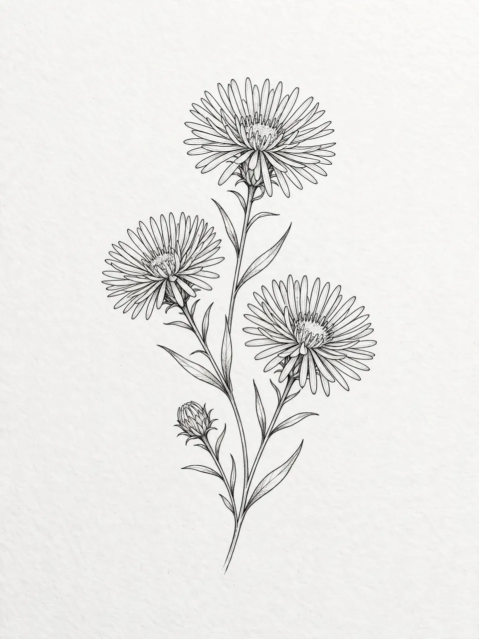 Detailed fine line drawing of an aster sprig with three open blooms and one closed bud on textured off-white paper