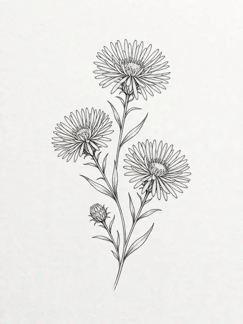 Detailed fine line drawing of an aster sprig with three open blooms and one closed bud on textured off-white paper