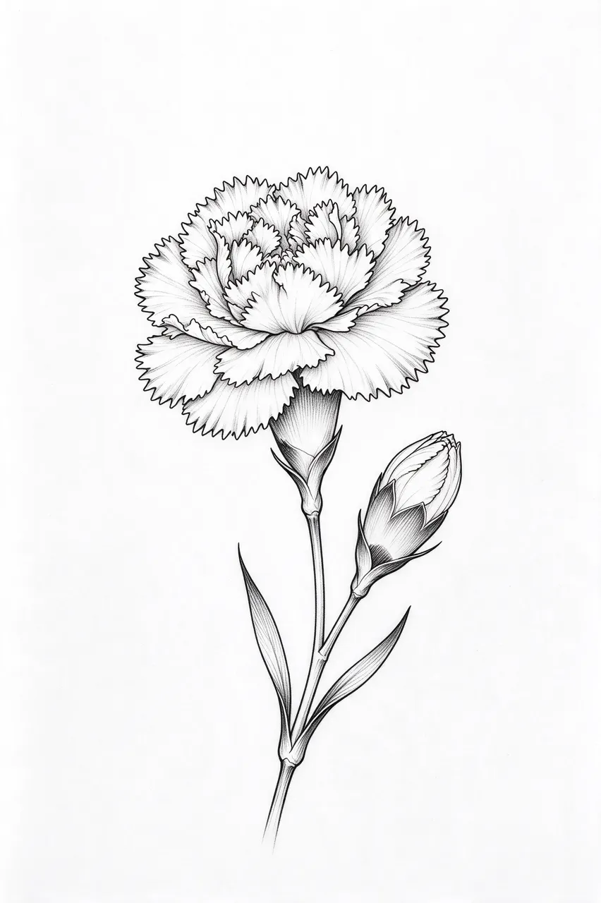 Black ink fine line drawing of a fully bloomed carnation and tight bud on plain white paper