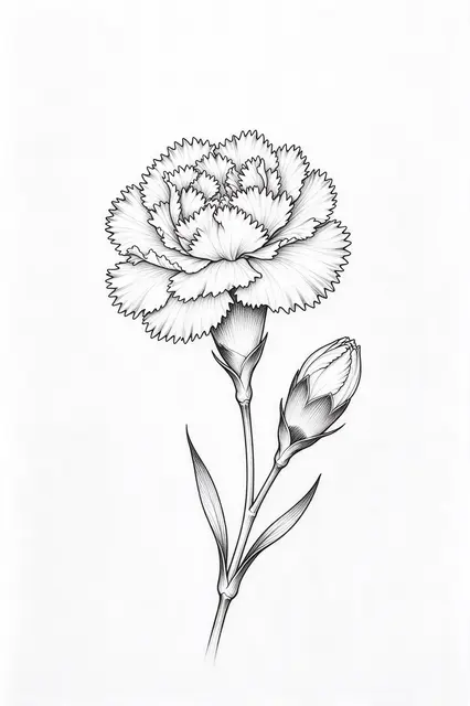 Black ink fine line drawing of a fully bloomed carnation and tight bud on plain white paper