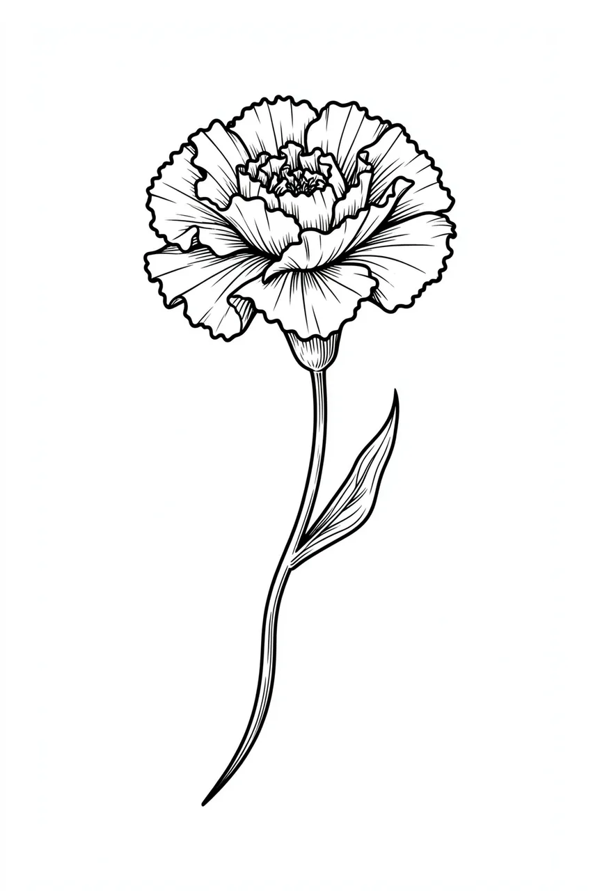 Black ink fine line drawing of a ruffled carnation on a curved slender stem against a plain white background