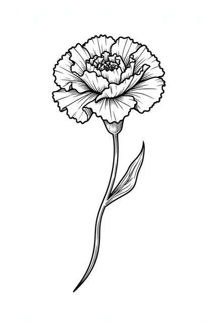 Black ink fine line drawing of a ruffled carnation on a curved slender stem against a plain white background
