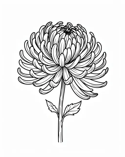Crisp black line art of a chrysanthemum flower with a short stem and leaves on plain white background