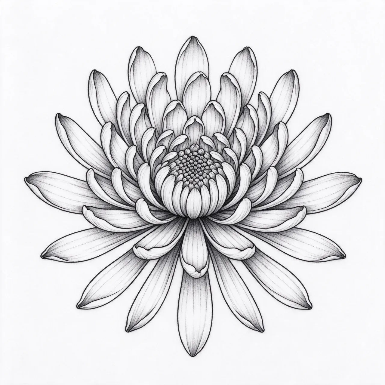 Top-down fine line black ink drawing of a symmetrical chrysanthemum flower on plain white background