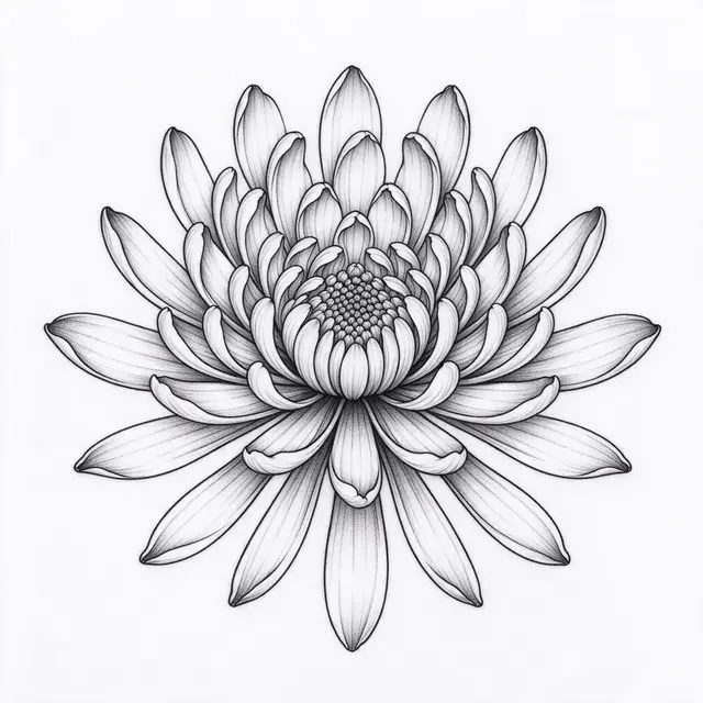 Top-down fine line black ink drawing of a symmetrical chrysanthemum flower on plain white background