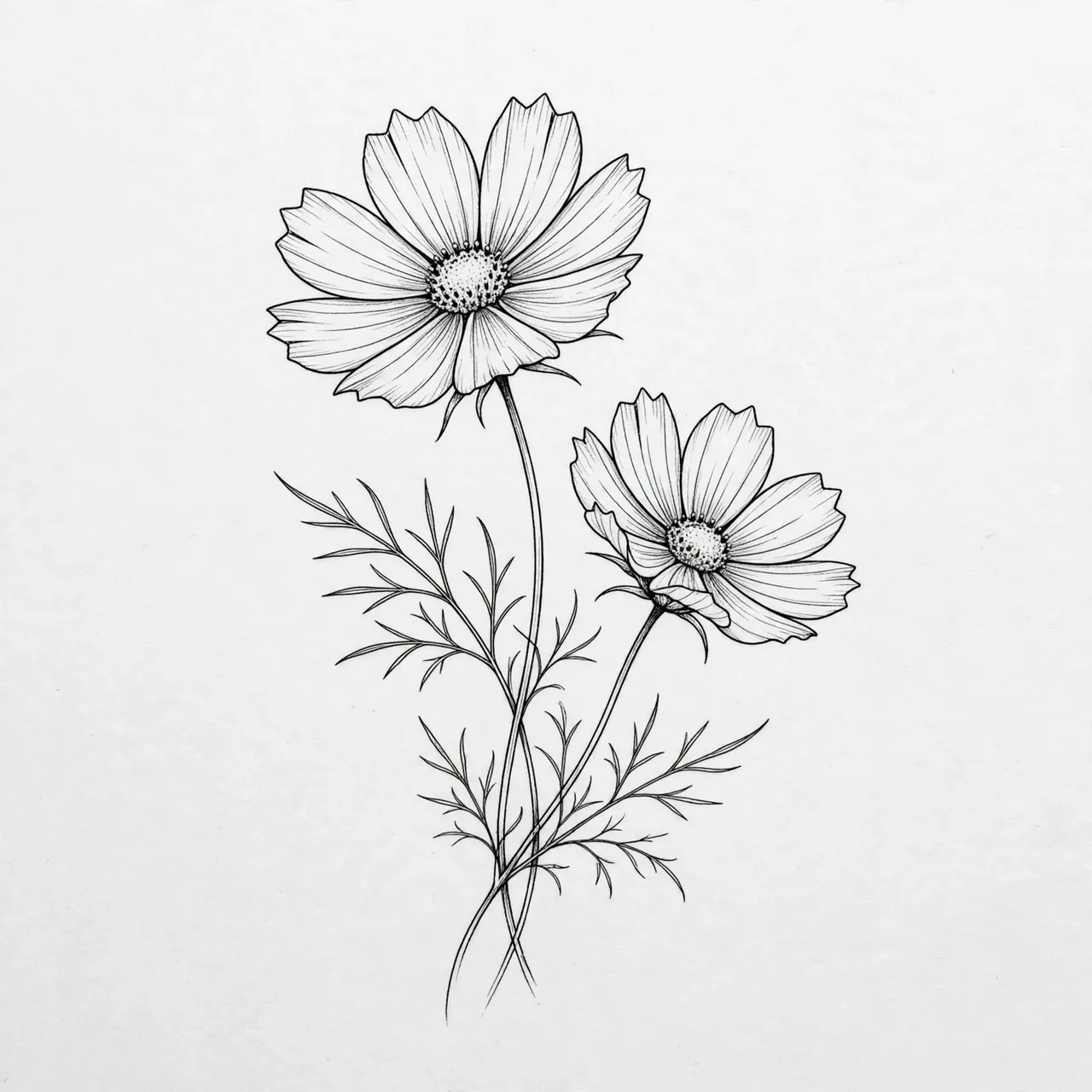 Black ink fine line drawing of two cosmos flowers with delicate foliage on light paper