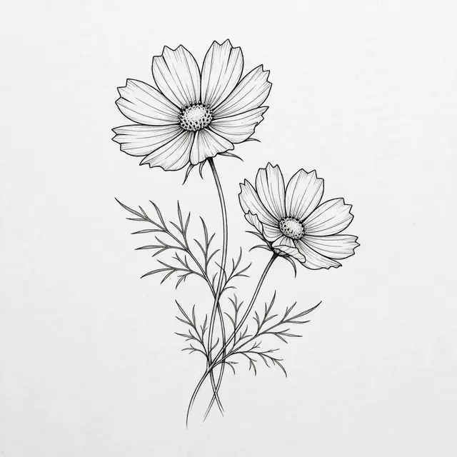 Black ink fine line drawing of two cosmos flowers with delicate foliage on light paper