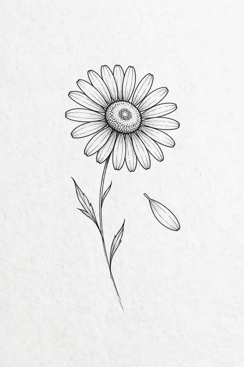 Black ink fine line drawing of a daisy with one drifting petal on textured white paper
