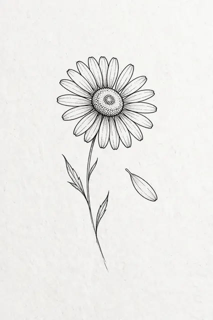 Black ink fine line drawing of a daisy with one drifting petal on textured white paper