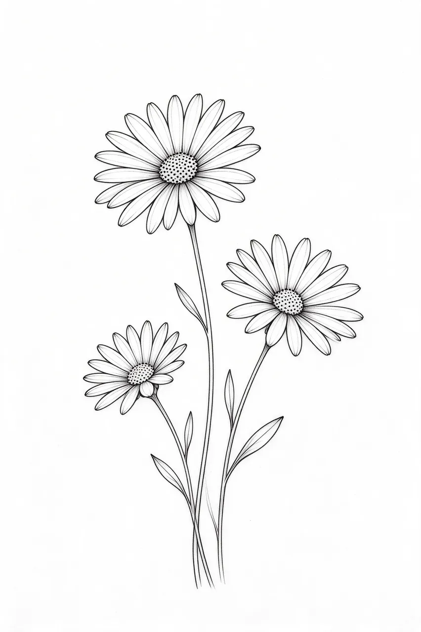 Delicate black fine line drawing of three daisies at different heights on a plain white background