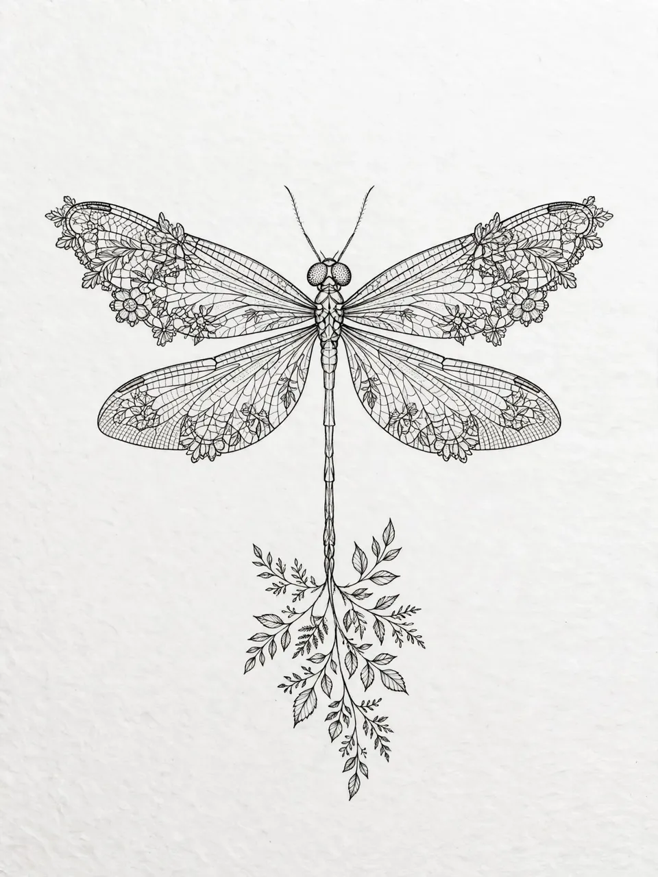 Delicate black fine line illustration of a dragonfly with lacy floral wings and leafy sprig tail on off-white paper