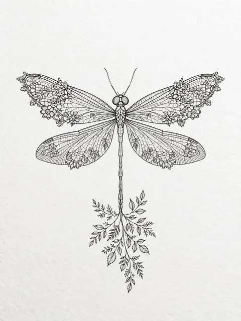 Delicate black fine line illustration of a dragonfly with lacy floral wings and leafy sprig tail on off-white paper