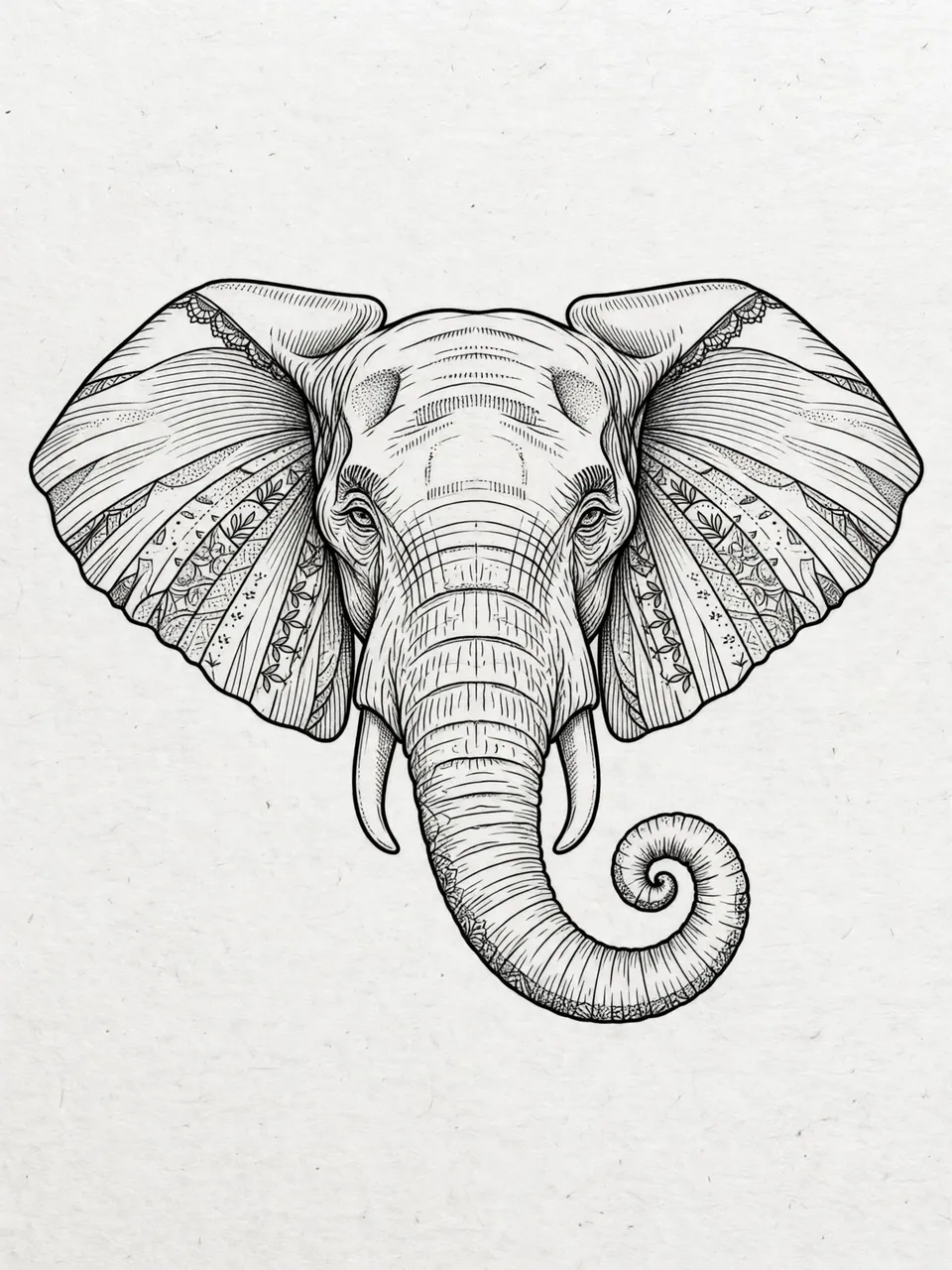 Detailed black fine line illustration of a front-facing elephant head with spread ears and curled trunk on light textured
