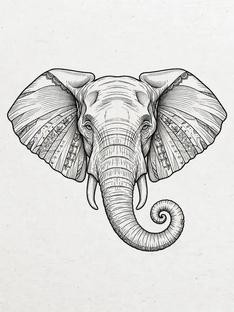 Detailed black fine line illustration of a front-facing elephant head with spread ears and curled trunk on light textured
