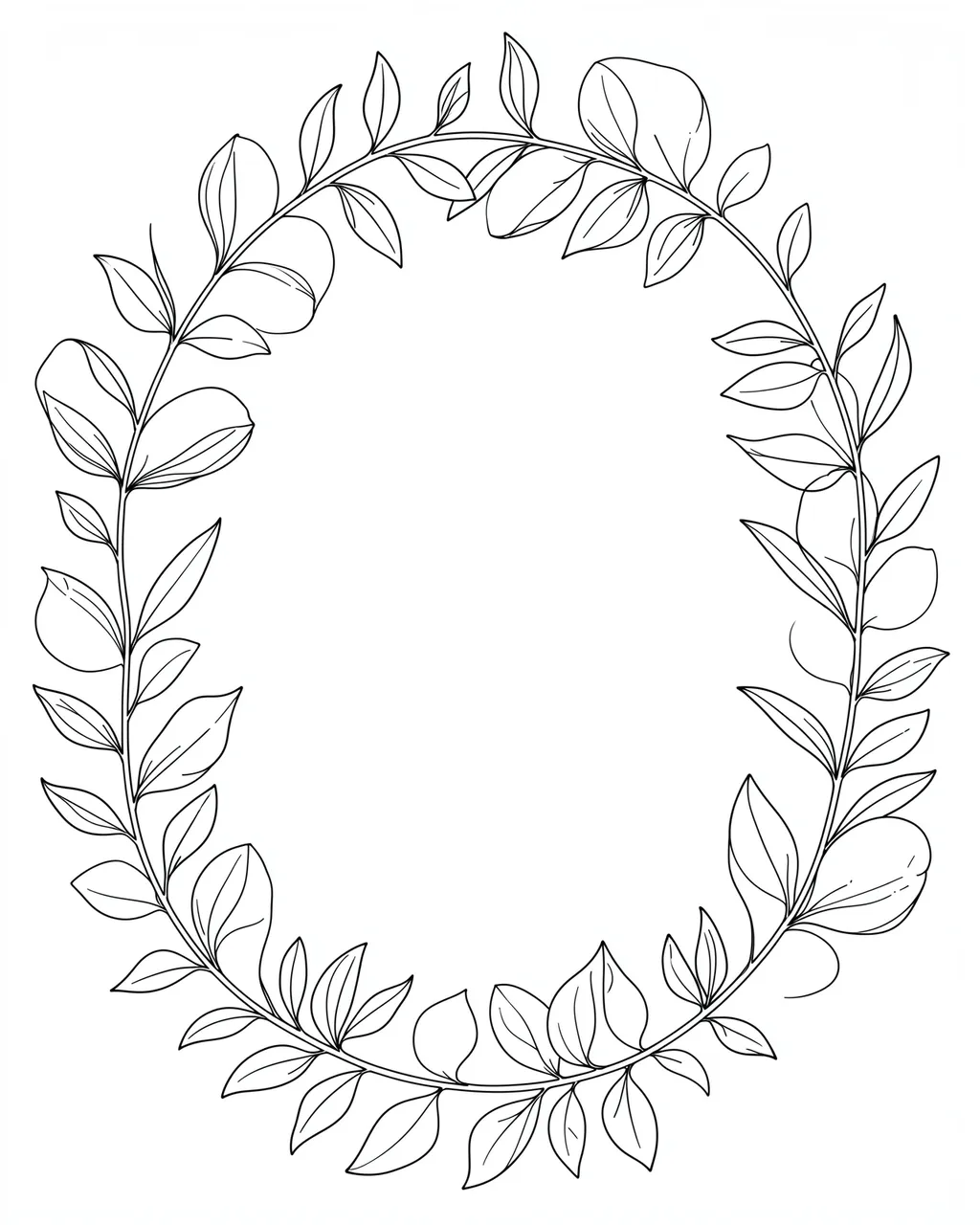 A thin black line drawn oval eucalyptus wreath with an empty white center on a plain white background