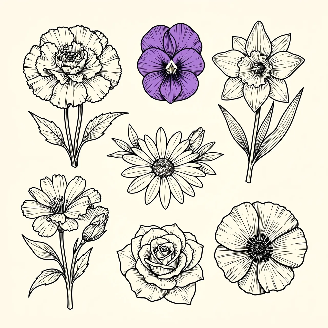 Line art illustration of six distinct flower types arranged on a cream background