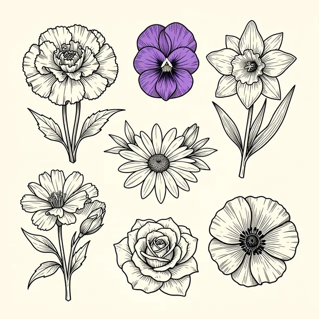 Line art illustration of six distinct flower types arranged on a cream background