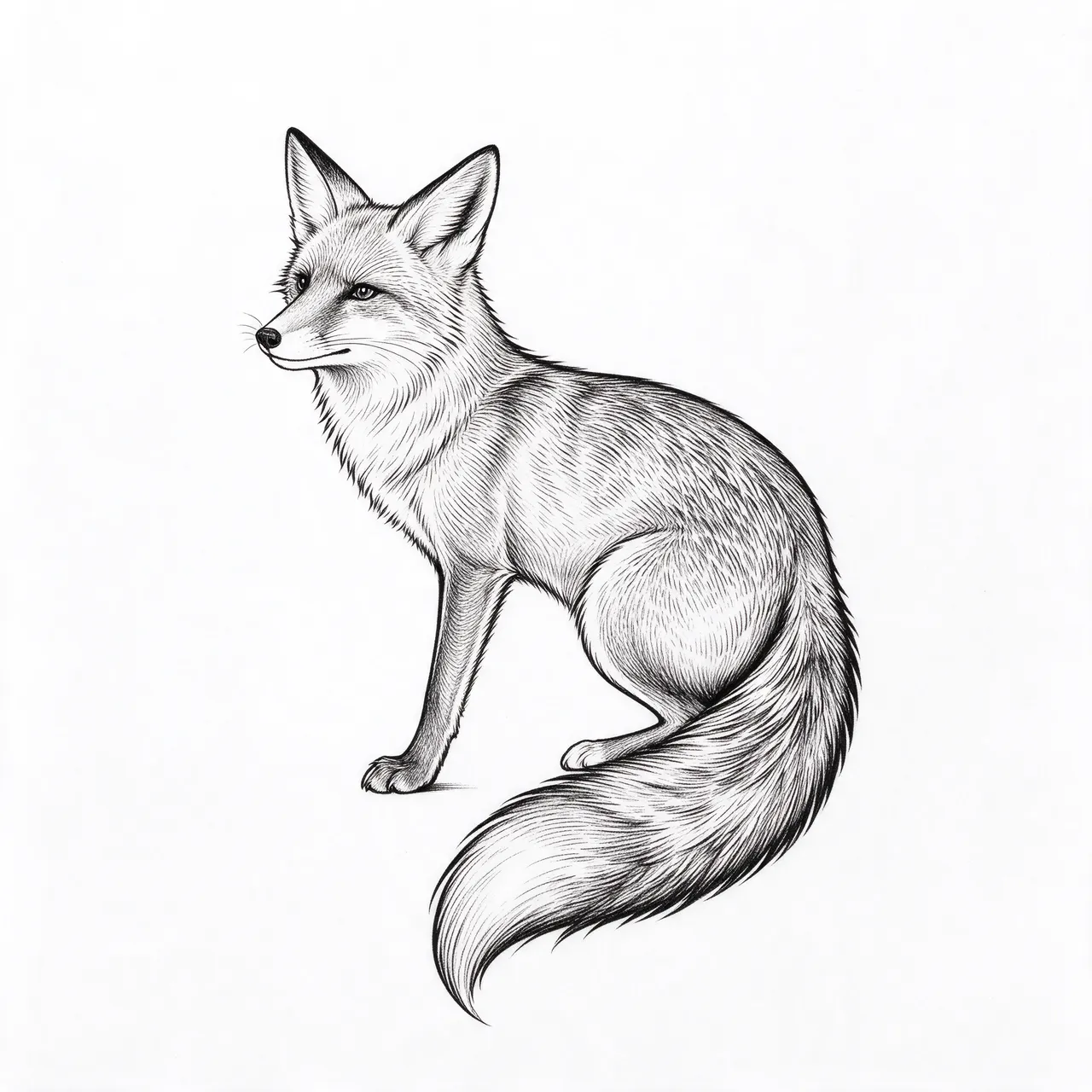 Delicate black fine line drawing of a seated fox with a bushy tail on plain white paper