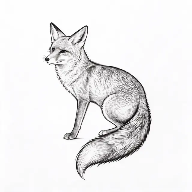 Delicate black fine line drawing of a seated fox with a bushy tail on plain white paper