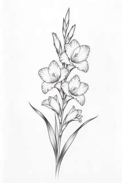 Detailed black fine line illustration of a gladiolus stem with ruffled flowers on plain white paper