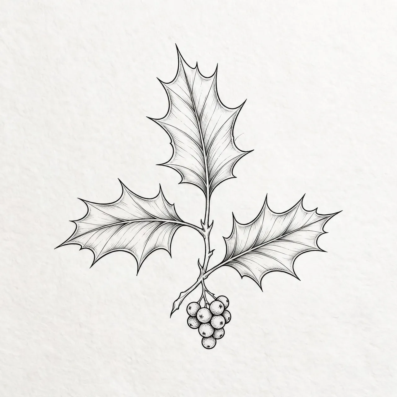 Detailed fine line drawing of a holly sprig with three spiny leaves and berry cluster on textured white paper