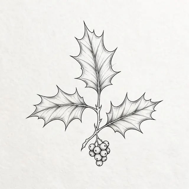 Detailed fine line drawing of a holly sprig with three spiny leaves and berry cluster on textured white paper