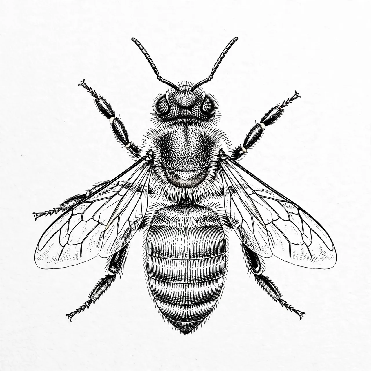 Top-down fine line ink illustration of a fuzzy honey bee on light textured white paper