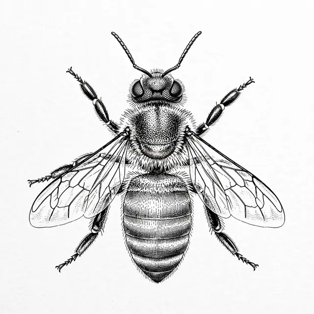 Top-down fine line ink illustration of a fuzzy honey bee on light textured white paper