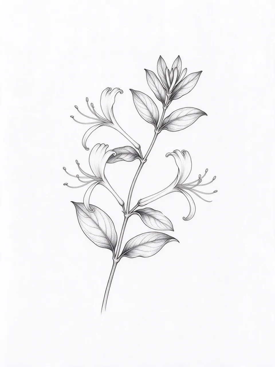Detailed fine line black ink drawing of a honeysuckle sprig on plain white paper
