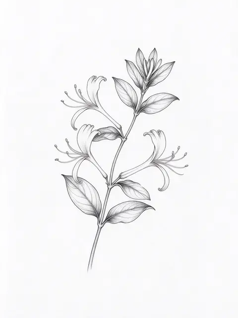 Detailed fine line black ink drawing of a honeysuckle sprig on plain white paper