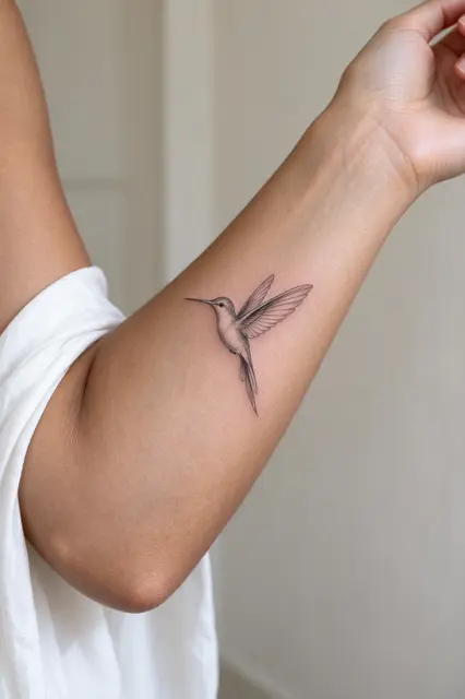 Close-up of a fine line hummingbird tattoo on a person's inner forearm in soft daylight