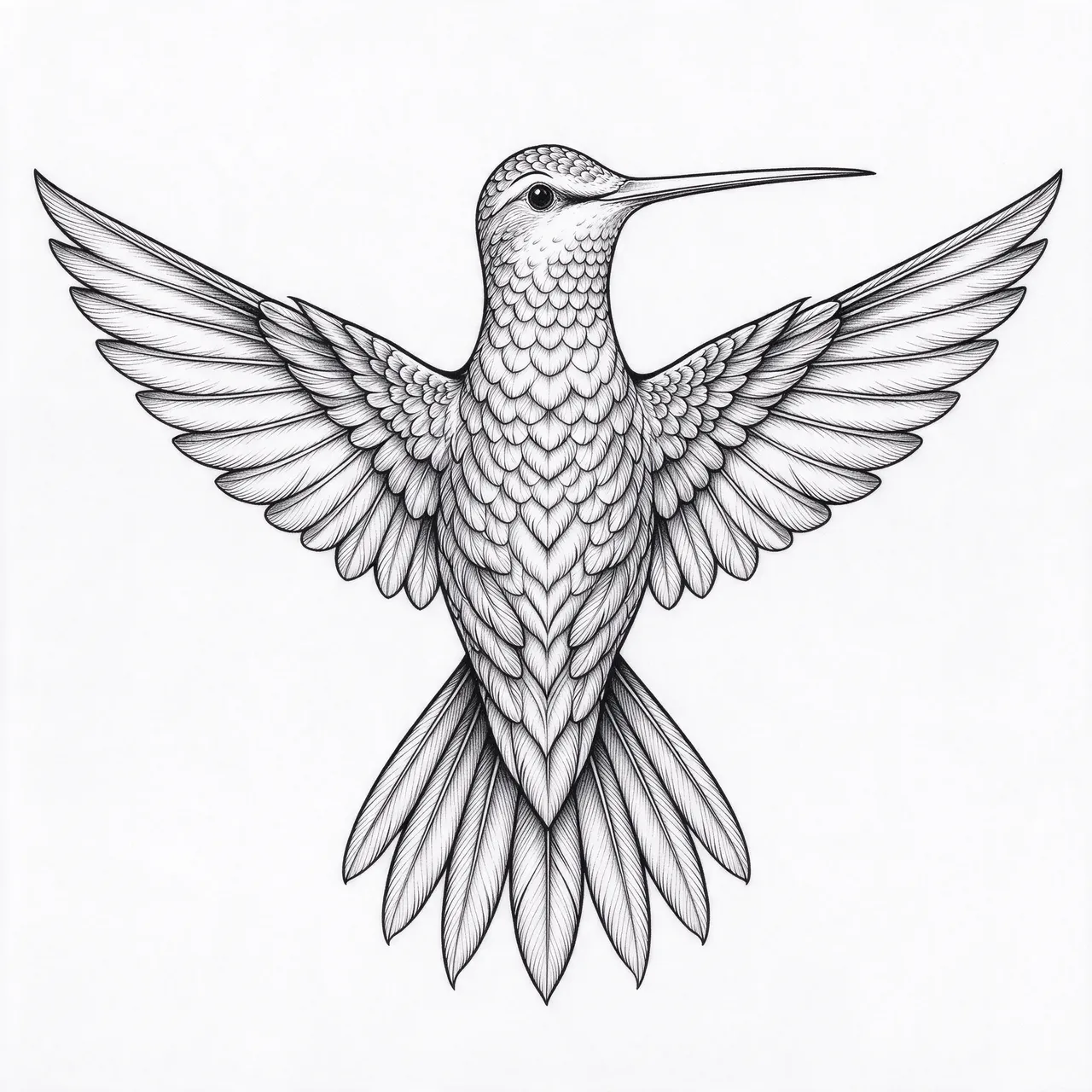 Detailed black fine line illustration of a spread-wing hummingbird on plain white paper