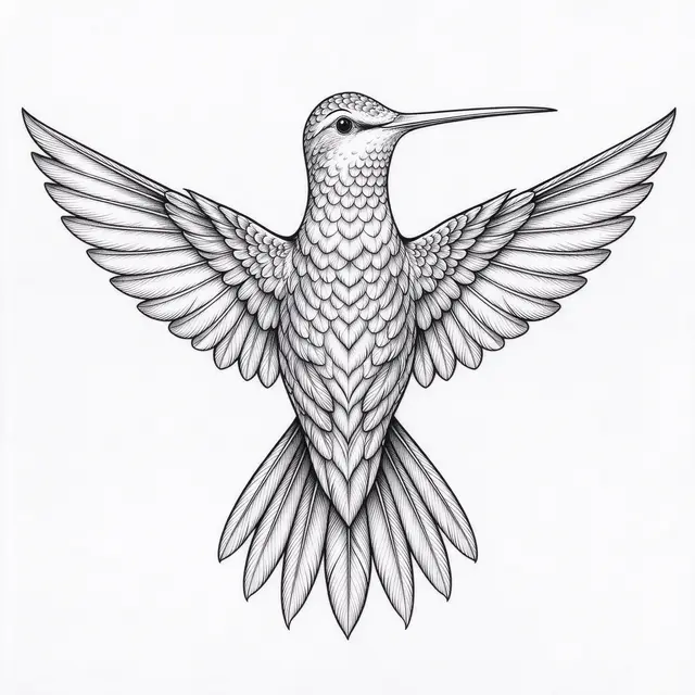 Detailed black fine line illustration of a spread-wing hummingbird on plain white paper