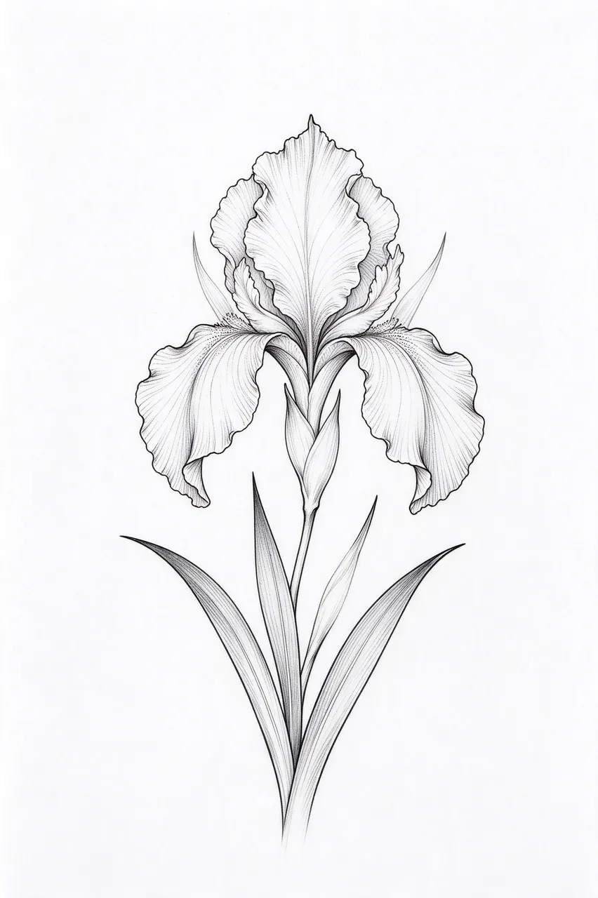 Delicate black fine line drawing of an iris flower with ruffled petals and pointed leaves on plain white paper