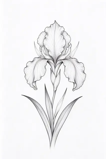 Delicate black fine line drawing of an iris flower with ruffled petals and pointed leaves on plain white paper
