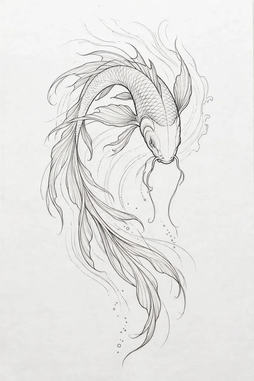 Delicate black ink fine line drawing of a curved koi fish with flowing fins on plain light paper