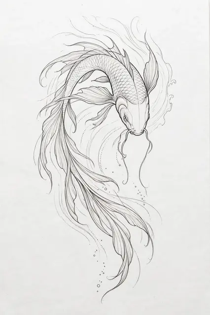 Delicate black ink fine line drawing of a curved koi fish with flowing fins on plain light paper