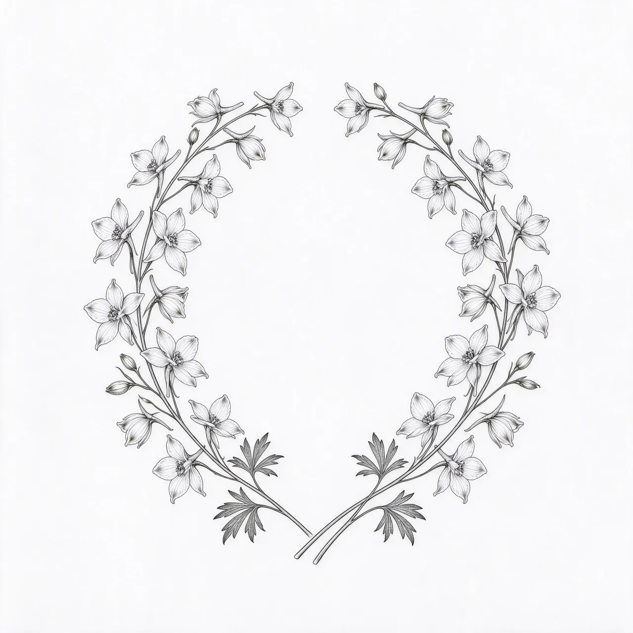 Delicate black fine line illustration of a larkspur wreath on plain white paper
