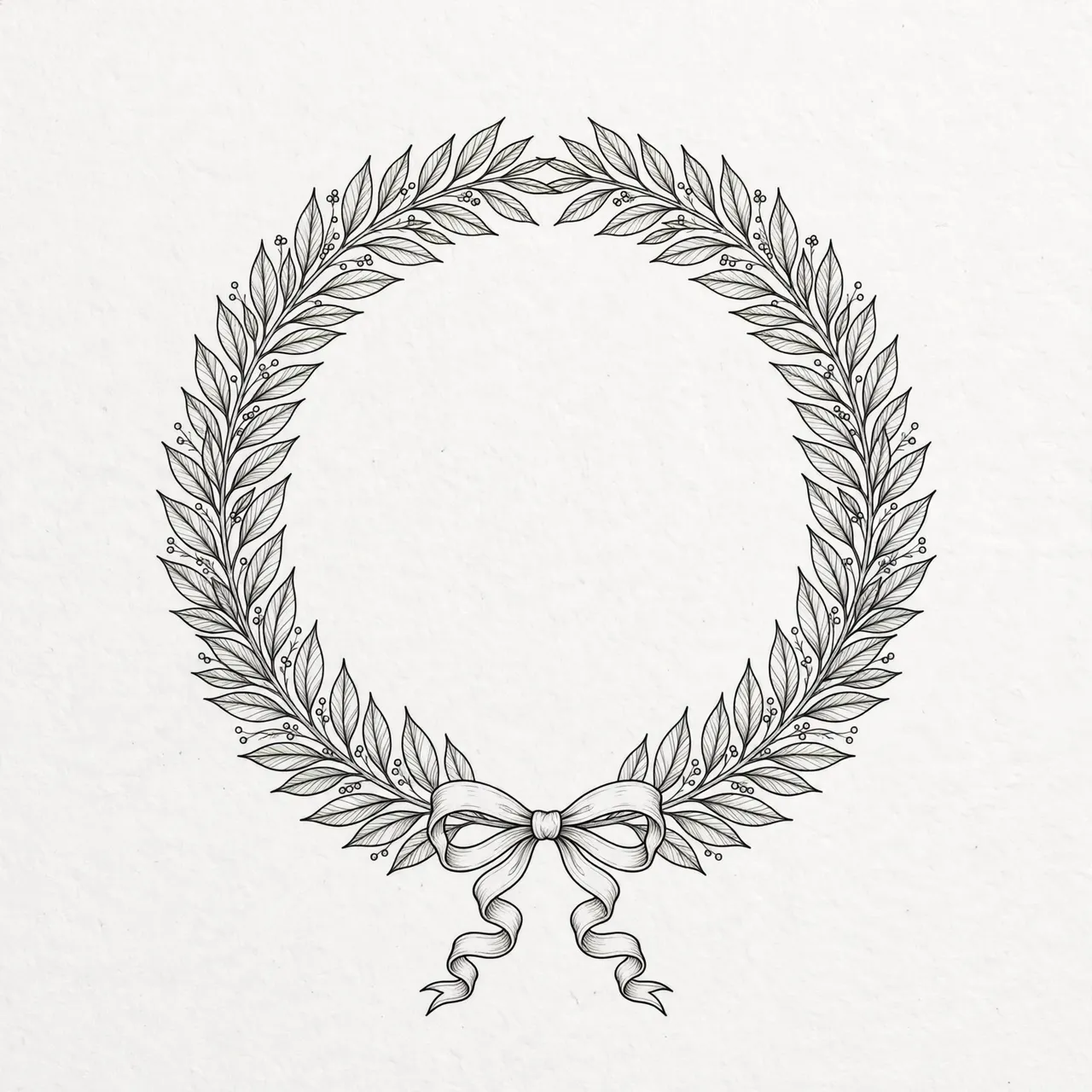 Delicate fine line drawing of a laurel wreath tied with a ribbon bow on textured off-white paper