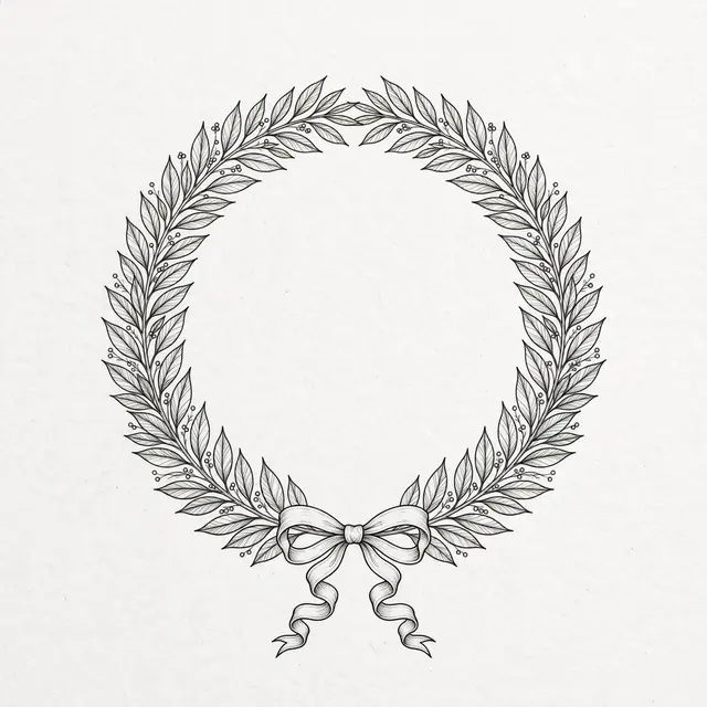 Delicate fine line drawing of a laurel wreath tied with a ribbon bow on textured off-white paper