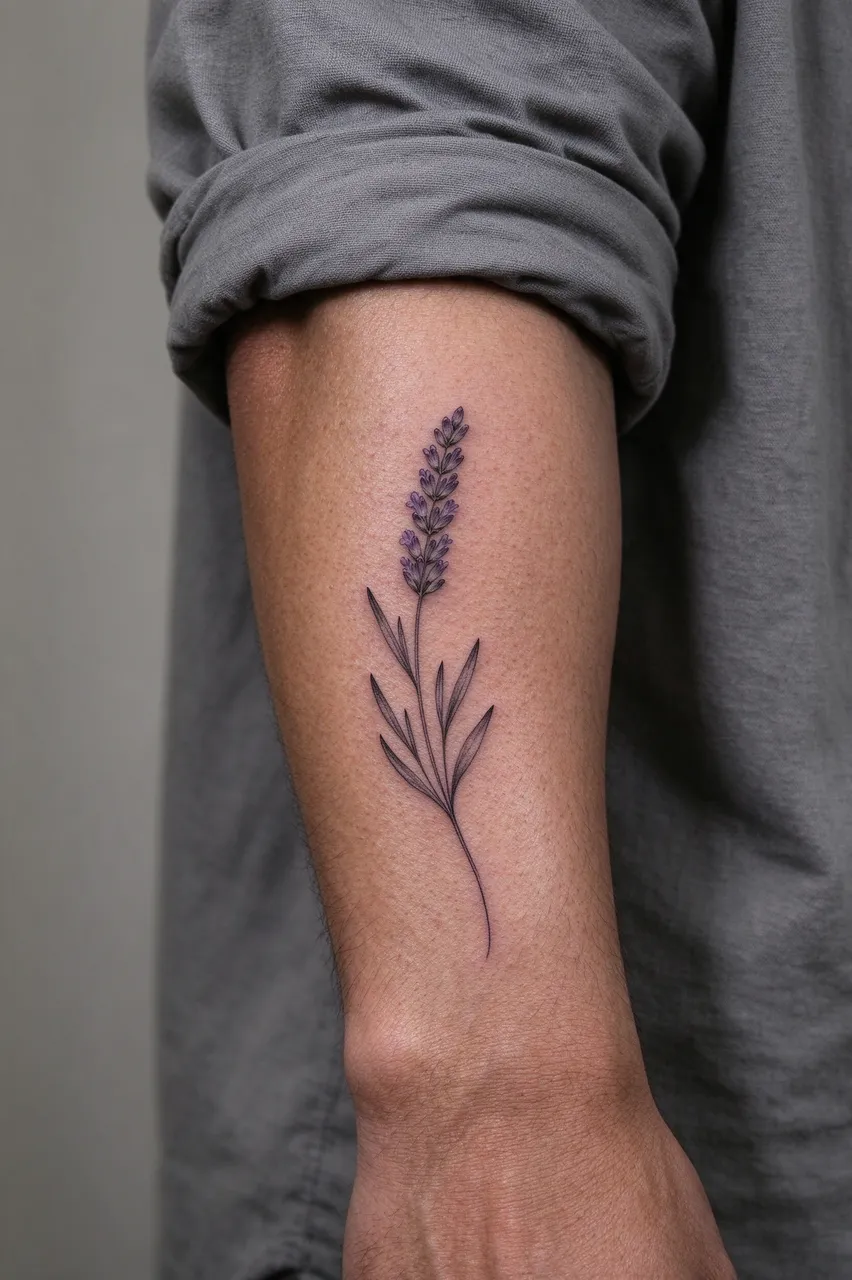 Close up of a delicate fine line lavender sprig tattoo on a person's inner forearm with a rolled grey sleeve