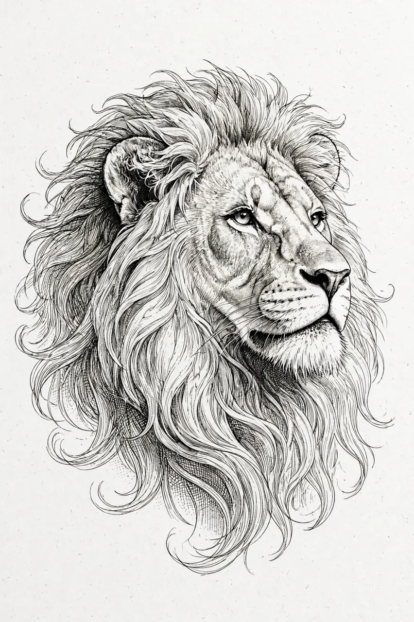 Detailed fine line ink drawing of a male lion's head in three-quarter view on off-white paper