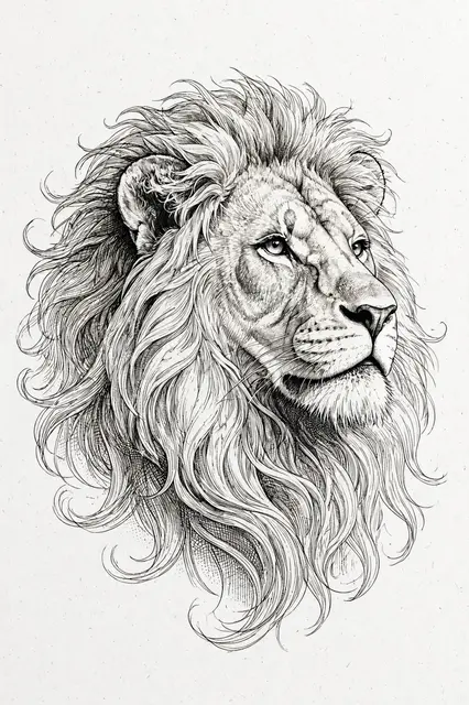 Detailed fine line ink drawing of a male lion's head in three-quarter view on off-white paper
