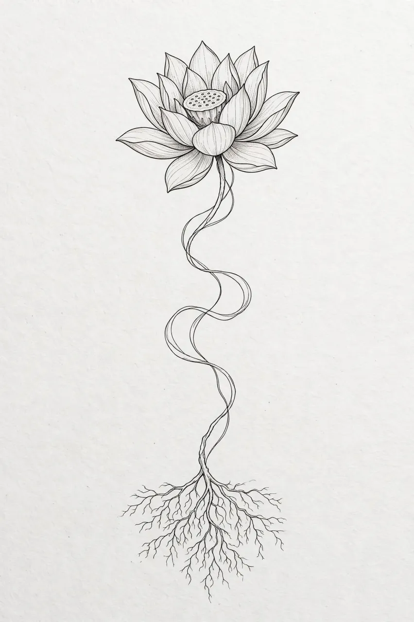 Delicate black ink fine line drawing of a lotus flower with twisted wavy stem and fine roots on light textured paper