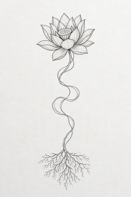 Delicate black ink fine line drawing of a lotus flower with twisted wavy stem and fine roots on light textured paper