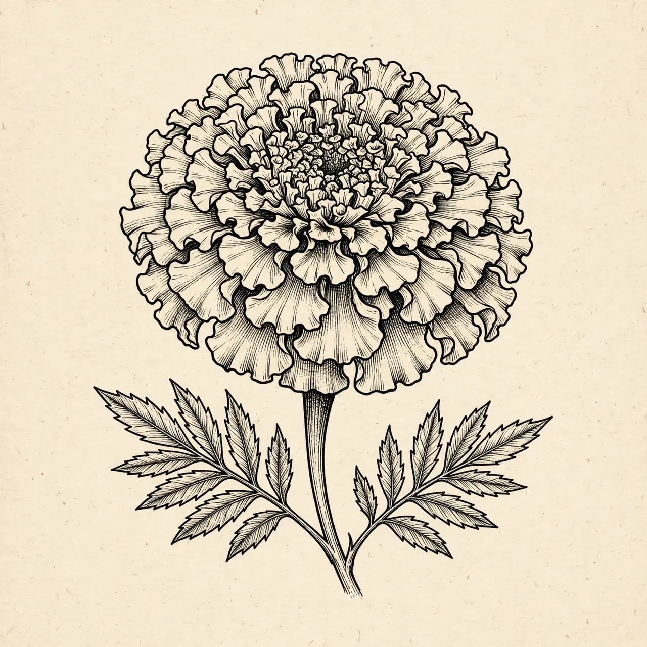 Black ink fine line drawing of a layered marigold bloom with serrated leaves on cream paper